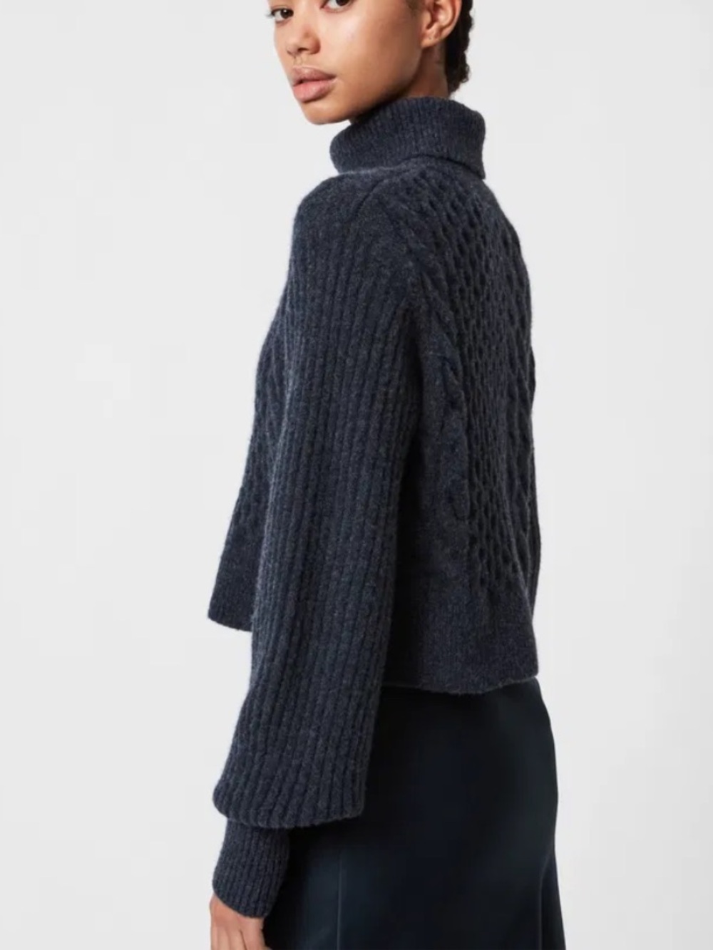 All Saints Claude Cropped Sweater Chunky Cable Knit Mock Neck Wool Blend SM Blue - Picture 6 of 16